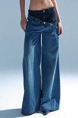 Asymmetric Bicolor Double Waist High Rise Full Length Wide Leg Hybrid Jeans