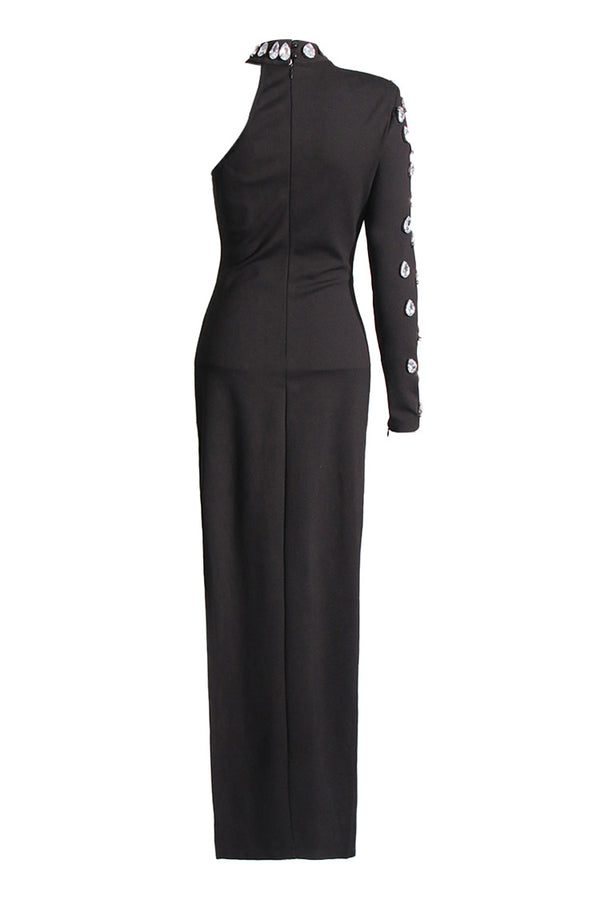 Asymmetric Crystal Mock Neck Long Sleeve Bodycon Split Evening Maxi Dress
