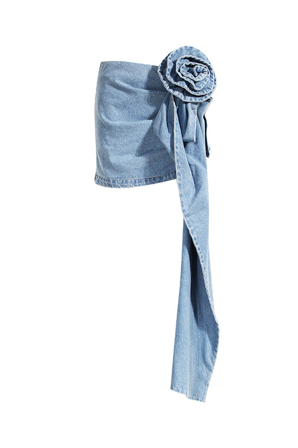 Asymmetric Drape 3D Rosette High Waist Bodycon Faded Denim Mini Skirt