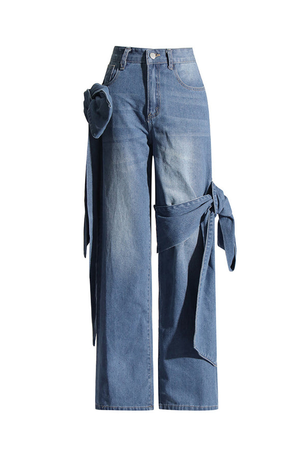 Asymmetric Draped Bowknot High Waist Straight Leg Full Length Jeans