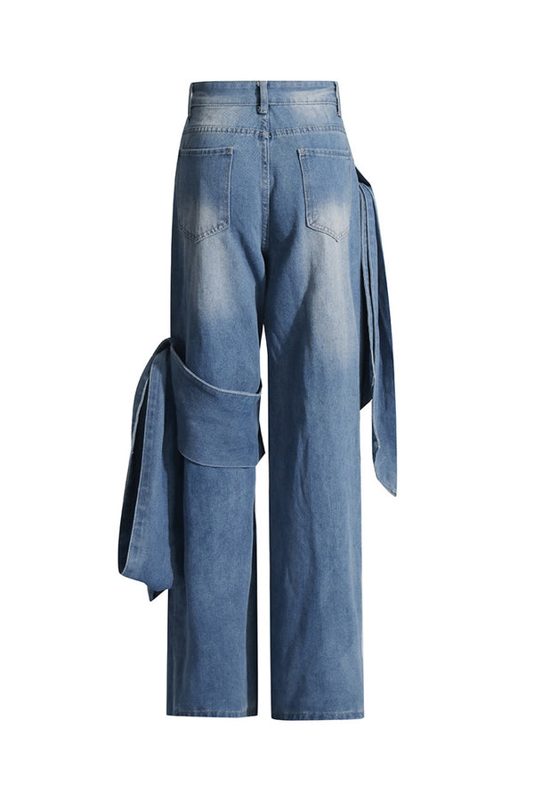 Asymmetric Draped Bowknot High Waist Straight Leg Full Length Jeans