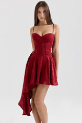 Asymmetric Draped Lace Up Bustier Corset Jacquard Slip Party Mini Dress