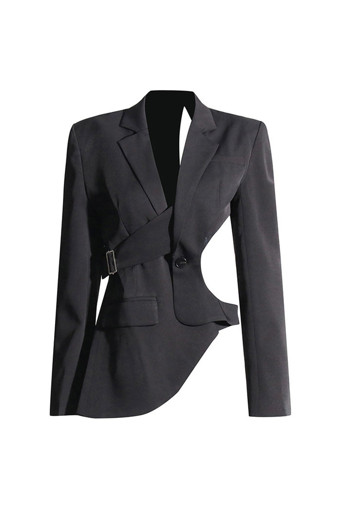 Asymmetric Hem Lapel Long Sleeve Cinched Waist Belted Cutout Asymmetric Hem Lapel Long Sleeve Cinched Waist Belted Cutout