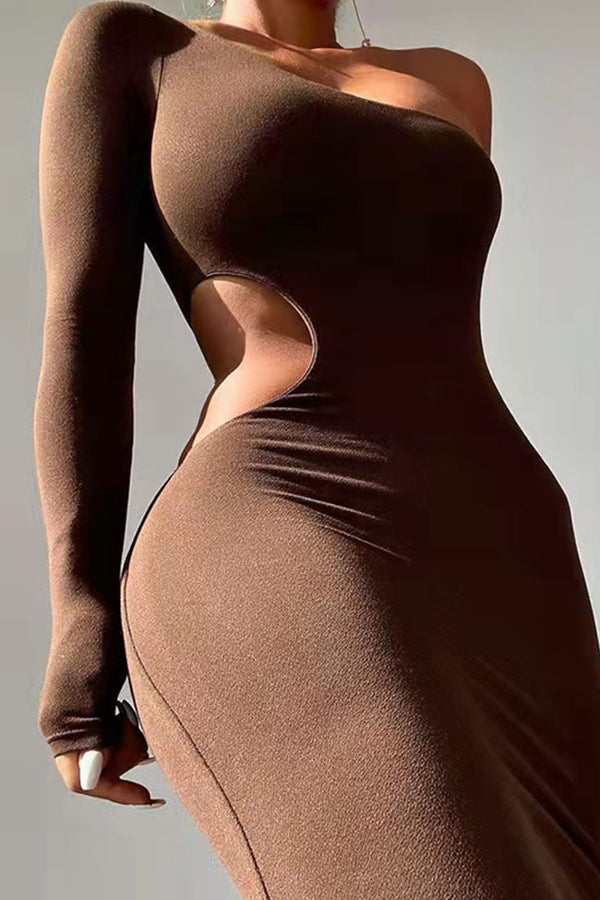 Asymmetric One Shoulder Long Sleeve Cutout Bodycon Party Midi Dress - Brown