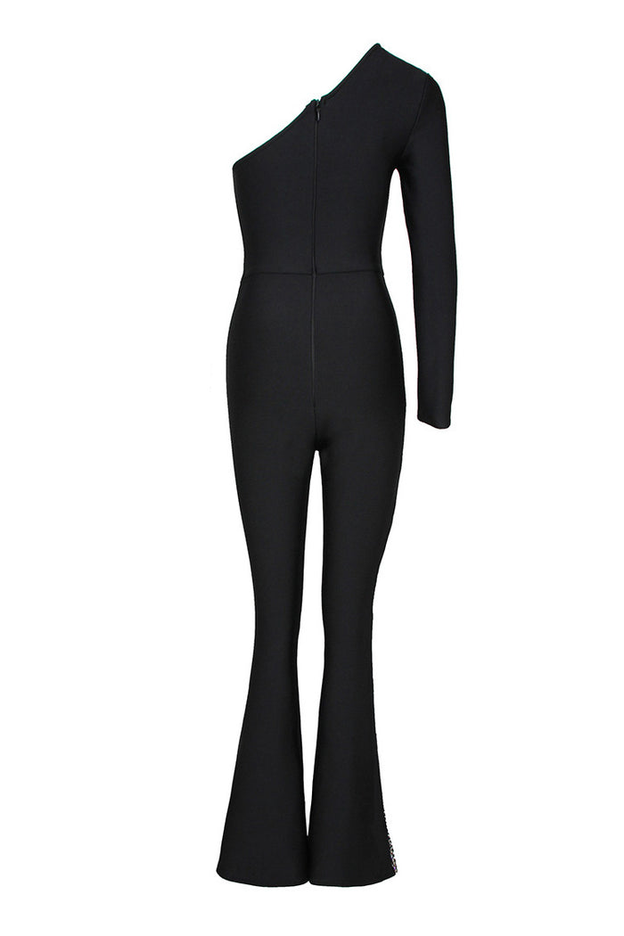 Asymmetric One Shoulder Rhinestone Sheer Mesh Hybrid Flare