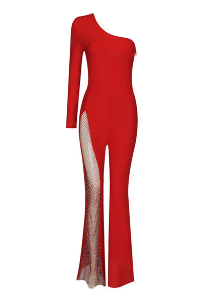 Asymmetric One Shoulder Rhinestone Sheer Mesh Hybrid Flare