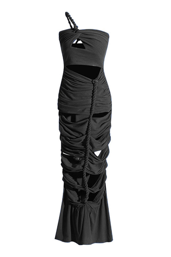 Asymmetric Rope One Shoulder Cut Out Ruched Mermaid Formal Maxi Dress