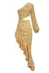Asymmetric Ruffle Floral Printed One Shoulder Evening Dress - Yellow