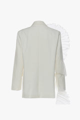 Asymmetric Tulle Ruffle Lapel Shoulder Pad Single Breasted Oversized Blazer