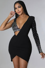 Asymmetrical Crystal Bra Long Sleeve Cutout Bodycon Party Mini Dress - Black