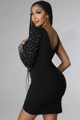 Asymmetrical Crystal Bra Long Sleeve Cutout Bodycon Party Mini Dress - Black