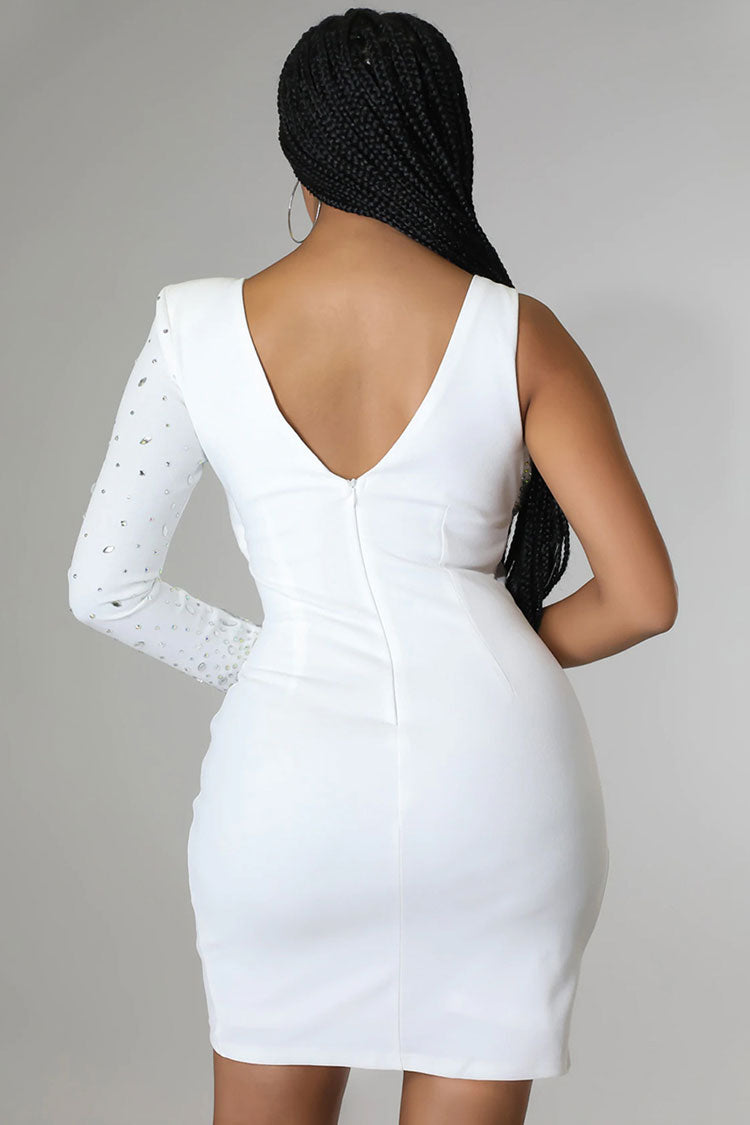 Asymmetrical Crystal Bra Long Sleeve Cutout Bodycon Party Mini Dress - White