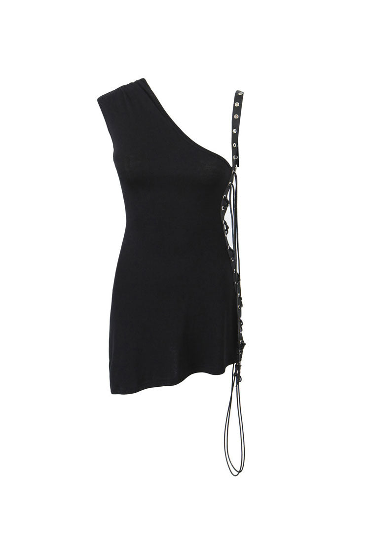 Asymmetrical Cutout Shoulder Grommet Lace Up Side Micro Mini