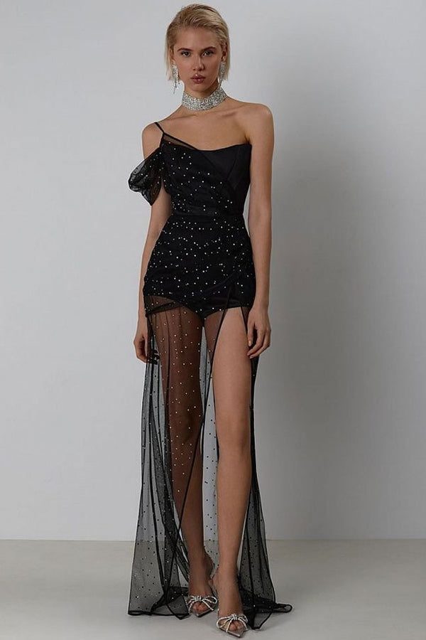 Asymmetrical Dotted Mesh Corset Bandeau Romper Split Two Piece Maxi Dress - Black