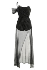 Asymmetrical Dotted Mesh Corset Bandeau Romper Split Two Piece Maxi Dress - Black