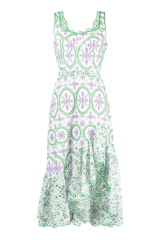 Asymmetrical Floral Broderie Anglaise Belted Scalloped Ruffle Midi Sundress