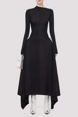 Asymmetrical High Neck Long Sleeve Metallic Draped Evening Maxi Dress