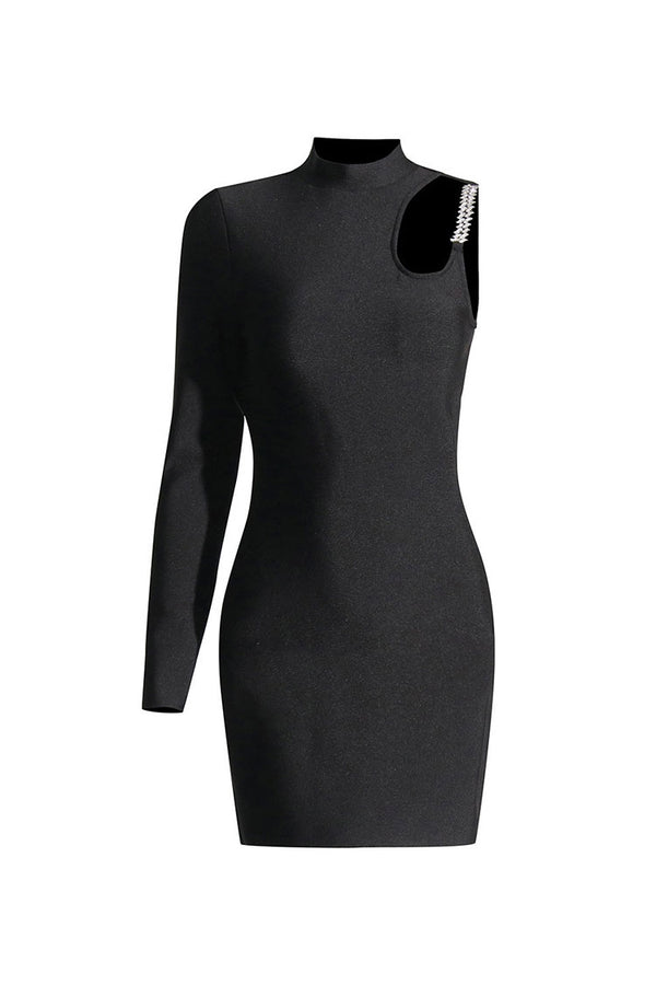 Asymmetrical High Neck Rhinestone Cutout Long Sleeve Knit Party Mini Dress