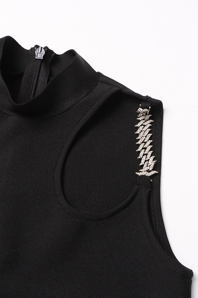 Asymmetrical High Neck Rhinestone Cutout Long Sleeve Knit Party Mini Dress