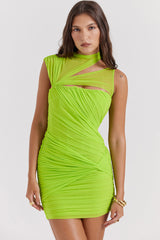 Asymmetrical High Neck Ruched Mesh Cutout Corset Party Mini Dress - Neon Green