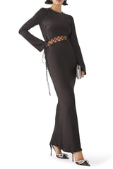 Asymmetrical Lace Up Bell Sleeve Silky Satin Fishtail Evening Maxi Dress - Black