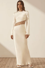 Asymmetrical Lace Up Bell Sleeve Silky Satin Fishtail Evening Maxi Dress - Cream