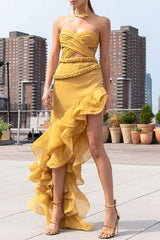 Asymmetrical Layered Ruffle Braided Cutout Strapless Maxi Evening Dress - Yellow