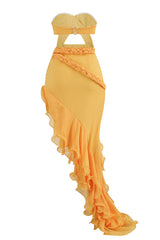 Asymmetrical Layered Ruffle Braided Cutout Strapless Maxi Evening Dress - Yellow