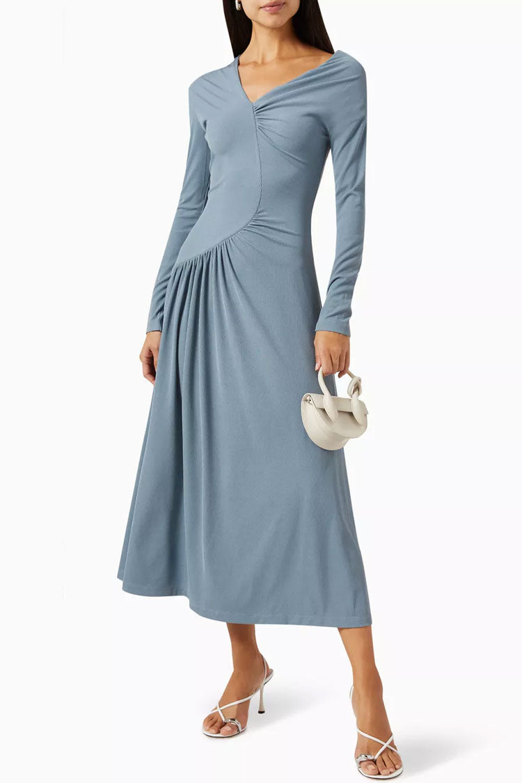 Asymmetrical Long Sleeve Ruched Detail Gradient Ribbed Jersey Midi Dress - Dusty Blue
