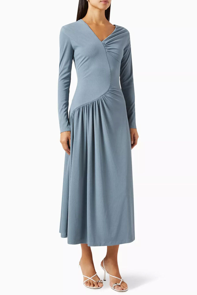 Asymmetrical Long Sleeve Ruched Detail Gradient Ribbed Jersey Midi Dress - Dusty Blue