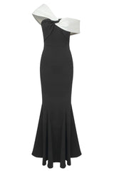 Asymmetrical One Shoulder Contrast Twist Neck Fishtail Evening Maxi Dress - Black