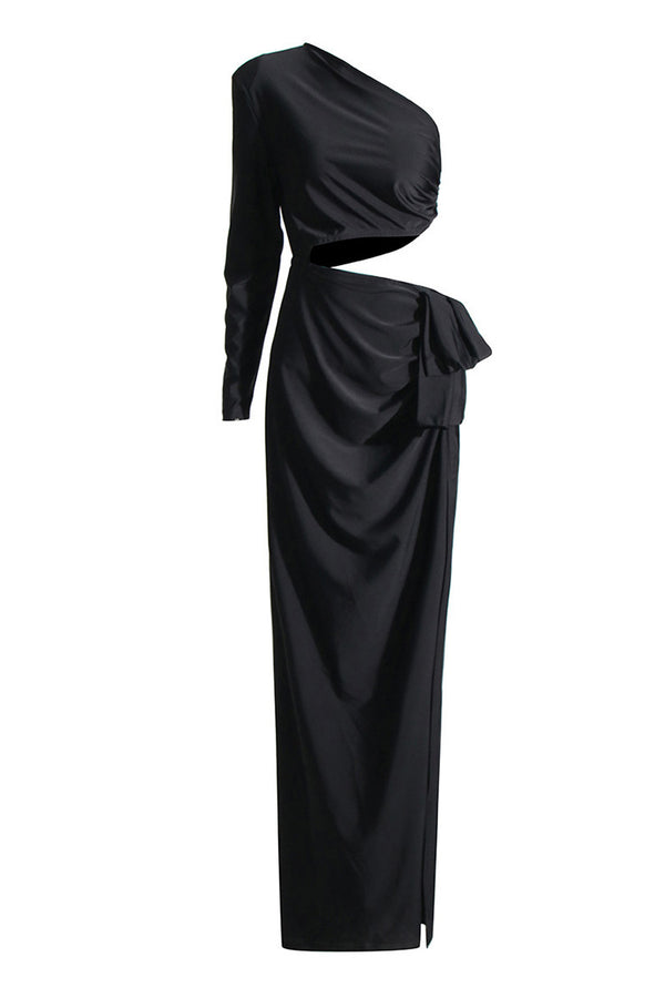 Asymmetrical One Shoulder Cut Out Ruched Draped Split Evening Maxi Dress
