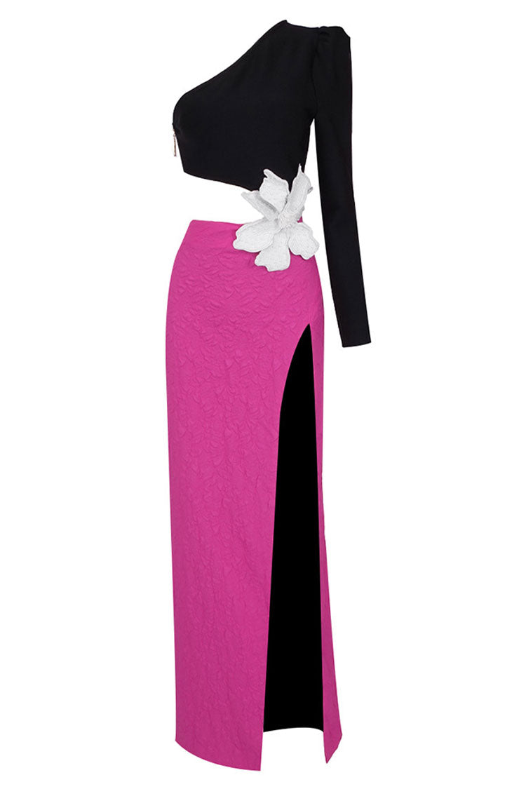 Asymmetrical One Shoulder Cutout Flower Applique Split Formal Maxi Dress - Hot Pink