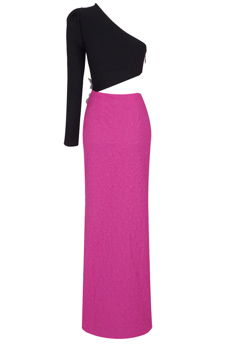 Asymmetrical One Shoulder Cutout Flower Applique Split Formal Maxi Dress - Hot Pink