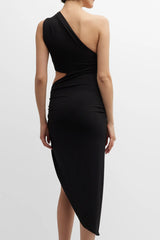Asymmetrical One Shoulder Cutout High Slit Cocktail Party Midi Dress - Black