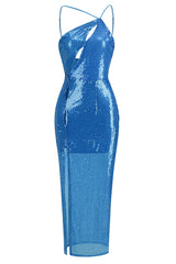 Asymmetrical One Shoulder Cutout High Split Sequin Evening Maxi Dress - Blue