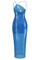 Asymmetrical One Shoulder Cutout High Split Sequin Evening Maxi Dress - Blue