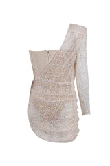Asymmetrical One Shoulder Draped Ruched Bodysuit Sequin Party Mini Dress