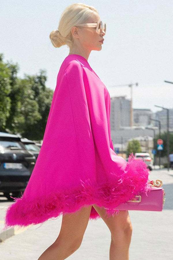 Asymmetrical One Shoulder Feather Trim A Line Party Mini Dress - Hot Pink