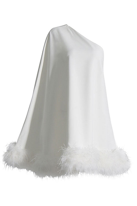 Asymmetrical One Shoulder Feather Trim A Line Party Mini Dress - White