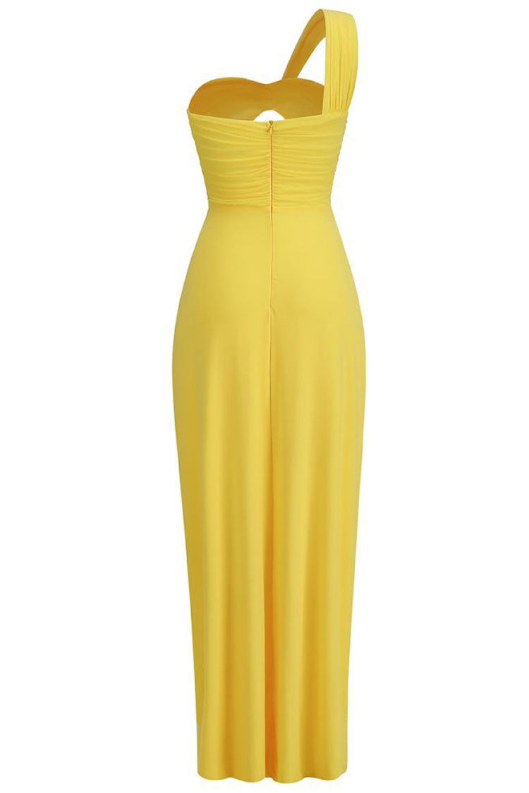 Asymmetrical One Shoulder O Ring Cutout Ruched Split Formal Maxi Dress - Yellow