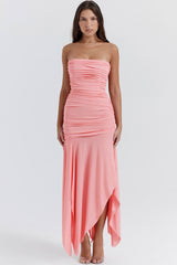 Asymmetrical Ruched Strapless Bodycon Drop Waist High Split Cocktail Dress - Pink