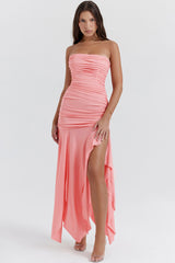 Asymmetrical Ruched Strapless Bodycon Drop Waist High Split Cocktail Dress - Pink