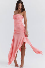Asymmetrical Ruched Strapless Bodycon Drop Waist High Split Cocktail Dress - Pink