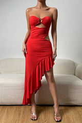 Asymmetrical Ruffle O Ring Cutout Strapless Cocktail Party Maxi Dress - Red