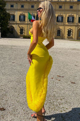 Asymmetrical Ruffled Hem Plunging Cami Bandage Cocktail Midi Dress - Yellow