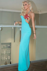 Asymmetrical Starfish Bra Cutout Scrunch Backless Split Evening Maxi Dress - Teal