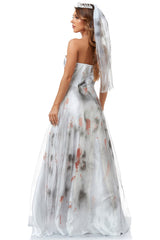Bloody zombie Bride Halloween Tie Dye Mesh Satin Strapless Maxi Dress - White