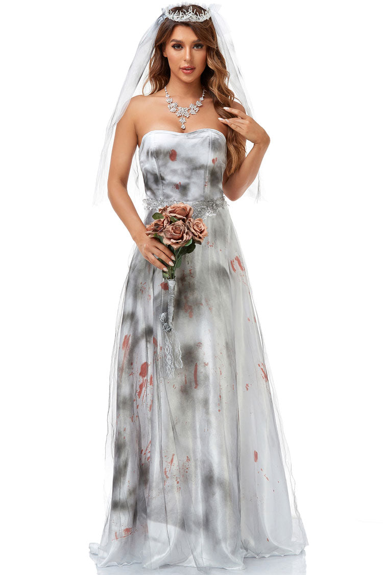 Bloody zombie Bride Halloween Tie Dye Mesh Satin Strapless Maxi Dress - White