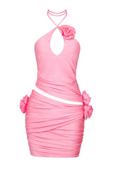 Bloom 3D Flower Halter Ruched Bodycon Cutout Party Mini Dress - Hot Pink